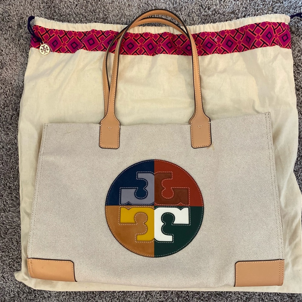 Tory Burch Tan Leather Tote Bag with Colorful Emblem